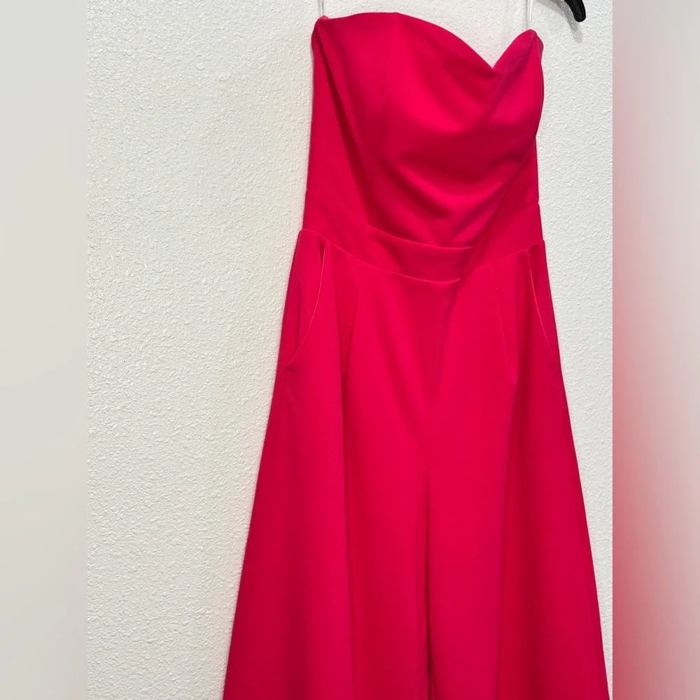 Lulu's Sexy Salmon Pink Red Strapless Jumpsuit Medium Wide Leg Cropped Womens - Picture 5 of 10